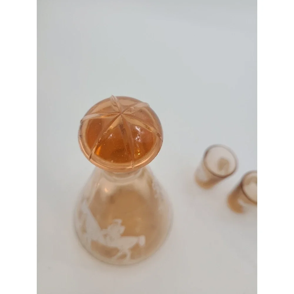 Vintage Amber Decanter With 3 Shot Glasses, Hunting Scene. Made In France